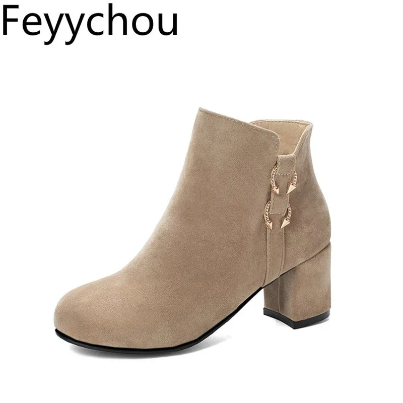 

Women's Boots High Heel Warm Flock Zip Round Toe Ankle Crystal Basic Chelsea Shoes 2019 New Sexy Fashion Black Beige Size 34-43
