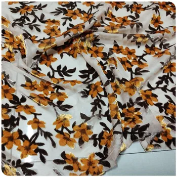 

yellow floral Hollow-out Mulberry Silk Bottom Cotton Velvet Dress Shirt Shawl Clothing Fabric