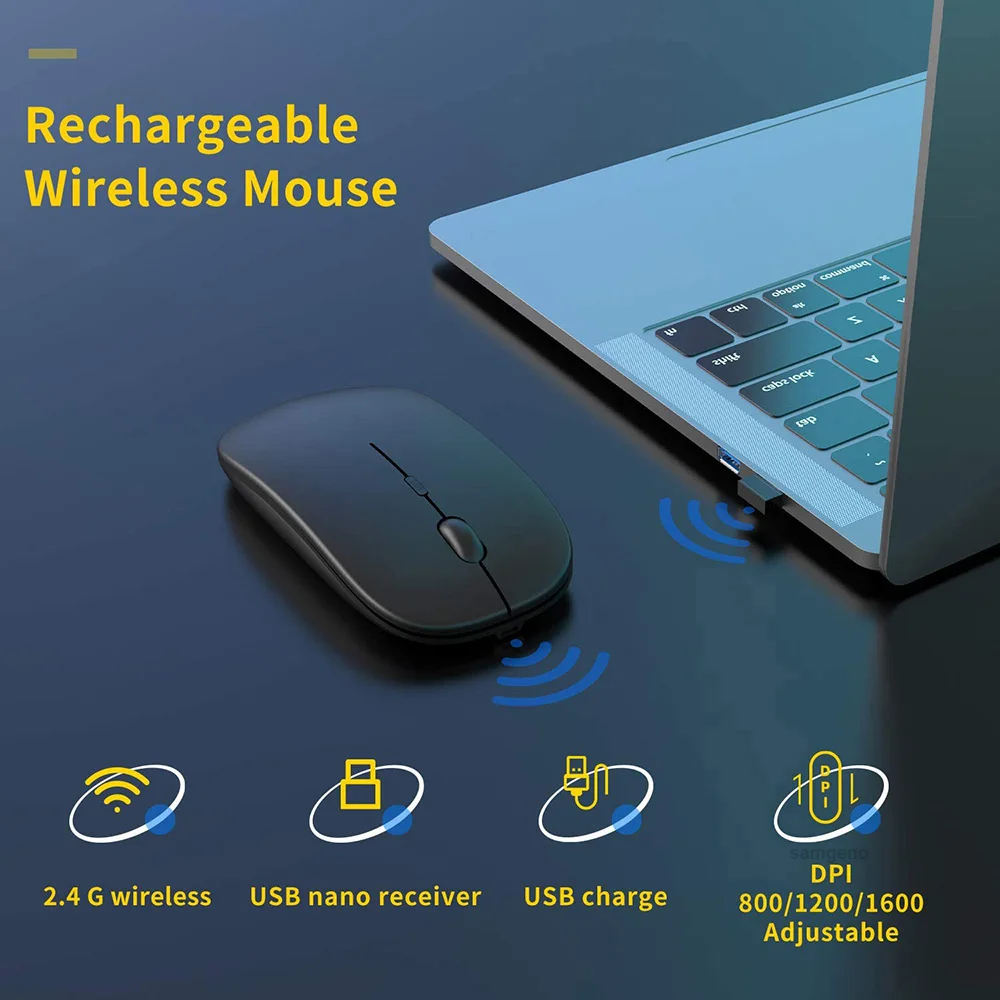 Wireless Rechargeable Mouse for Laptop Computer PC,  Slim Mini Noiseless Cordless Mouse, 2.4G Mice for Home/Office