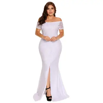 

Plus Size Mermaid Long Evening Dresses Lace Short Sleeves White Mother Of The Bridal Dress Front Side Split Formal Lady Gown