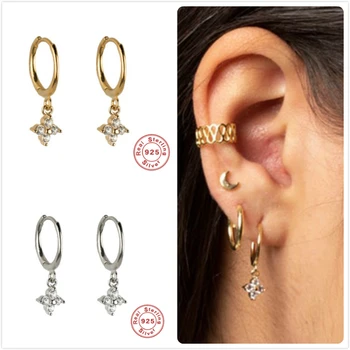 

Real 925 Silver Earrings For Women Gold Zircon Earrings Girl Ear Bone Piercing Earring Female Flower aretes R5