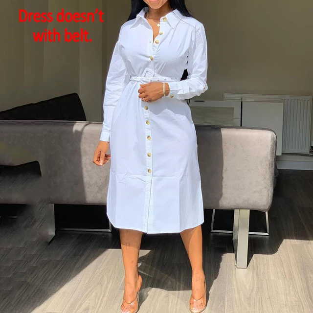 Clocolor Vestido camisero Blanco A La Moda, Elegante Vestido de Oficina para Mujer, Manga Larga, suelto,