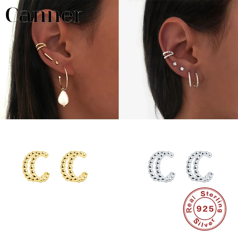 Canner de plata de ley 925 trepadores de plata de la oreja Clip en pendientes para mujeres pequeñas cuentas sin Piercing pendientes joyería fina Earcuff oorbellen W4