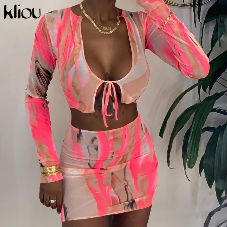Kliou-Conjunto de 2 piezas formado por top y top corto, manga larga, cuello bajo