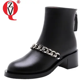 

ZVQ punk genuine leather women's shoes winter plush gothic metal chain Round toe combat boots woman 5cm mid heels Martin boots