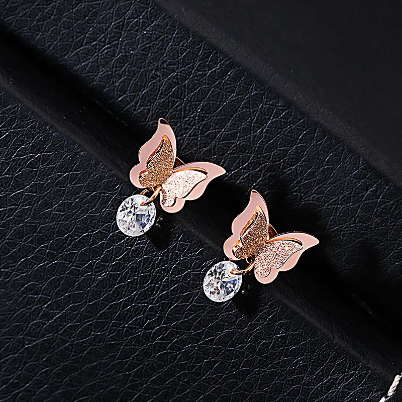 

YUN RUO Butterfly Zircon Tassel Stud Earring Rose Gold Woman Gift Titanium Steel Jewelry Never Fade Hypoallergenic Drop Shipping