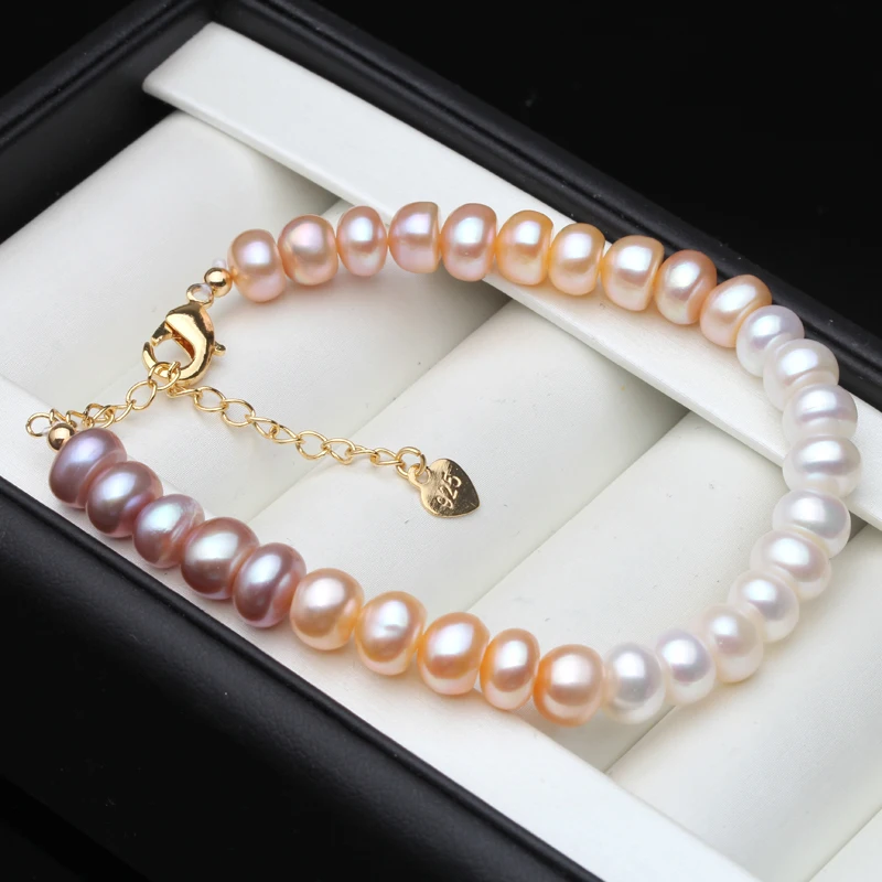 Fashion Natural Freshwater Pearl Bracelet For Women,Rainbow Gradient Pearl Strand Bracelet Wedding Girl Gifts