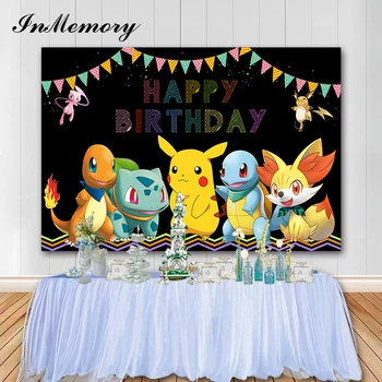 

InMemory Custom Pokemon Background Photography Little Fire Dragon Pikachu Babys 1st Birthday Party Backdrop For Photo 5X7FT