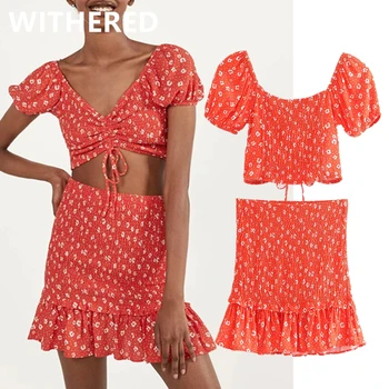 

Withered ins blogger sexy floral print v-neck blouse women short shirt tops and ruffles mini skirt women faldas two pieces sets
