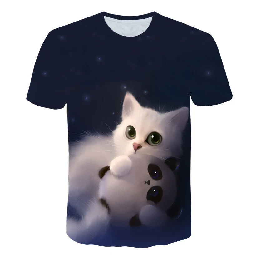 Летняя Детская футболка с мультяшным волшебным котом, модный уличный с короткими рукавами для мальчиков и девочек