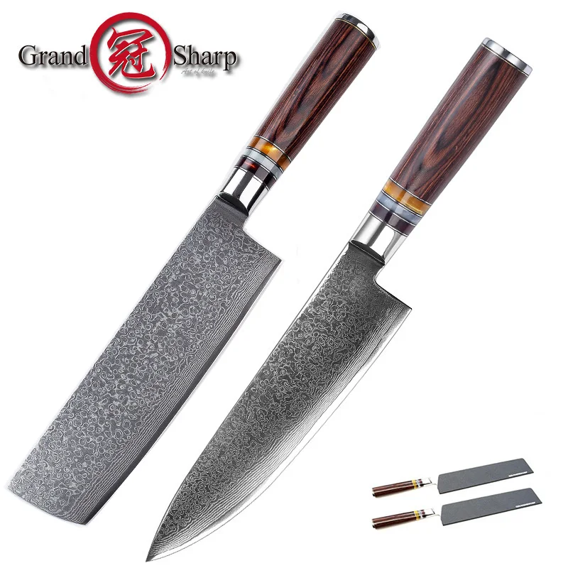 GRANDSHARP 2 шт. дамасский кухонный нож наборы ножей 67 слоев японский дамасский vg10 стальной шеф-повара Nakiri кухонные ножи для приготовления пищи