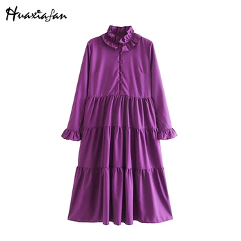 

Huaxaifan women long dresses long sleeve loose ruffles elegant high collar female chic fashion autumn dress solid pleated dress