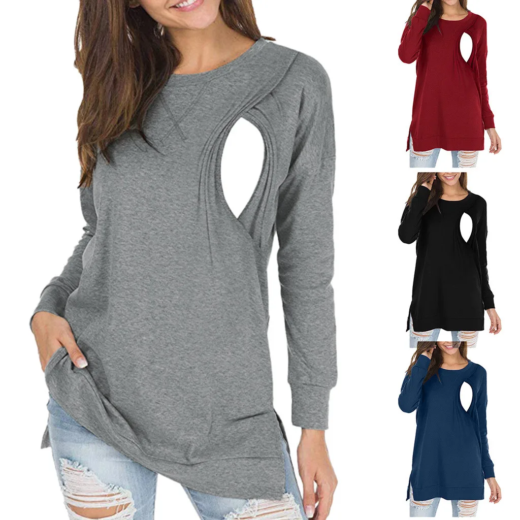 

Maternity Women Long Sleeve Tops Blouse Solid Nursing Shirt Sweatshirt breastfeeding clothes