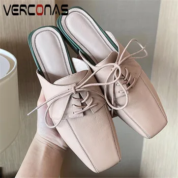 

VERCONAS 2020 Mules Woman Sandals Woman Pumps New Arrival Genuine Leather Summer Cross-Tied Square Toe Square Heels Shoes Woman