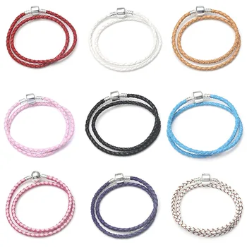 

16-21CM Double layer Genuine Leather Bracelet Double circle Fit pandora bracelet & bangle Rope chain diy charm Women Jewelry