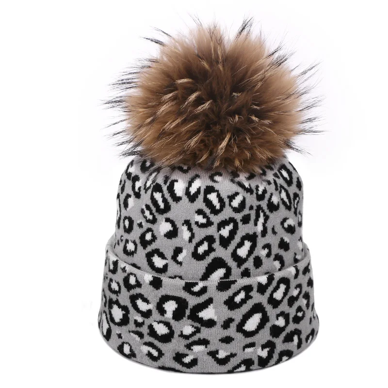I Leopard Printed Beanie Hats Scarf Set With Real Fox Pompon For Women Winter Warm Thick Knitted Caps Fashion Lady Beanies 2 Piece - Color: I