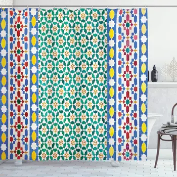 

Moroccan Shower Curtain, Colorful Moroccan Mosaic Wall Middle East Style Craftsmanship Vertical Details, Cloth Fabric Bathroom