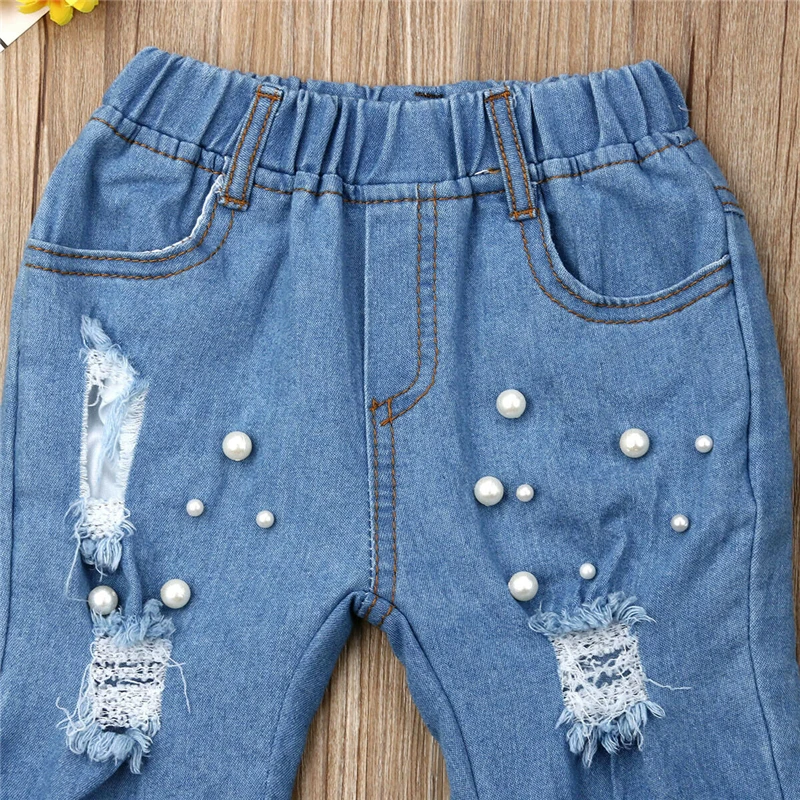 Детские летние повседневные джинсы для девочек, рваные джинсы, джинсовые штаны, эластичные брюки, джинсы для малышей, Одежда для младенцев