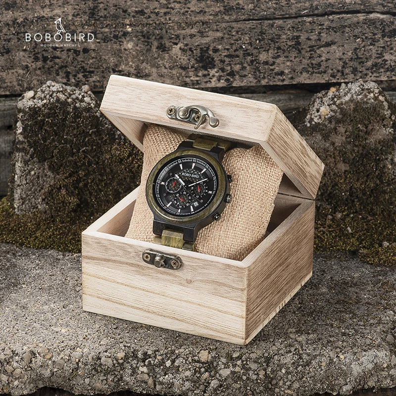 BOBO BIRD Men Wood Quartz Wristwatch Retro Green Sandalwood Timepiece Multifunctional Chronograph Accept Customized reloj hombre