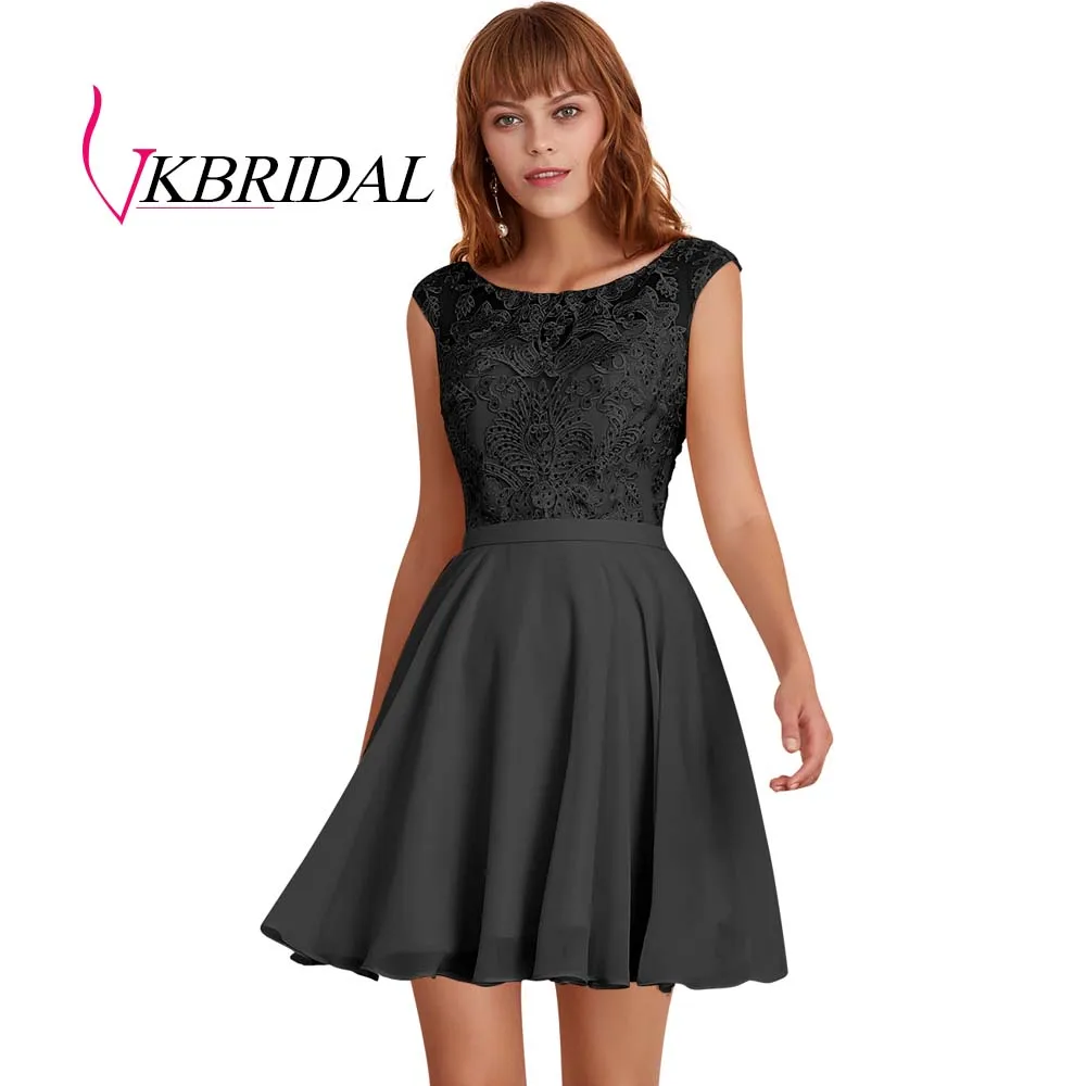 VKBRIDAL, платья для выпускного вечера цвета шампанского, новинка, шифоновое кружевное платье с v-образным вырезом на спине, короткое платье для выпускного вечера - Цвет: Черный