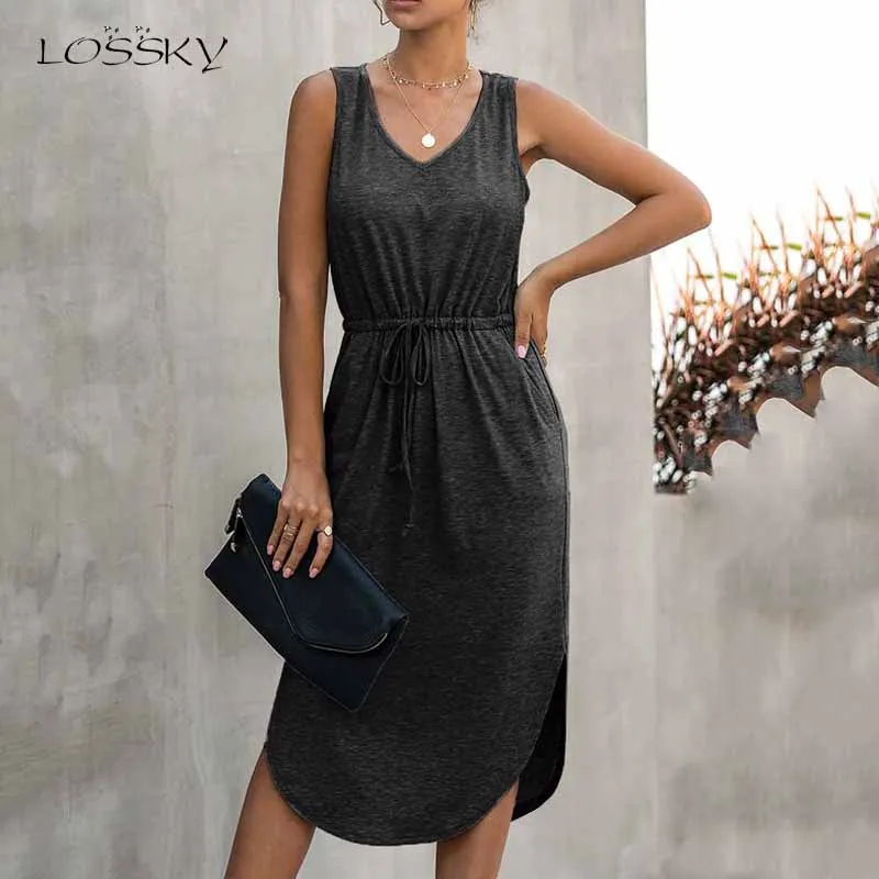 Женское летнее платье без рукавов Lossky повседневное однотонное простое