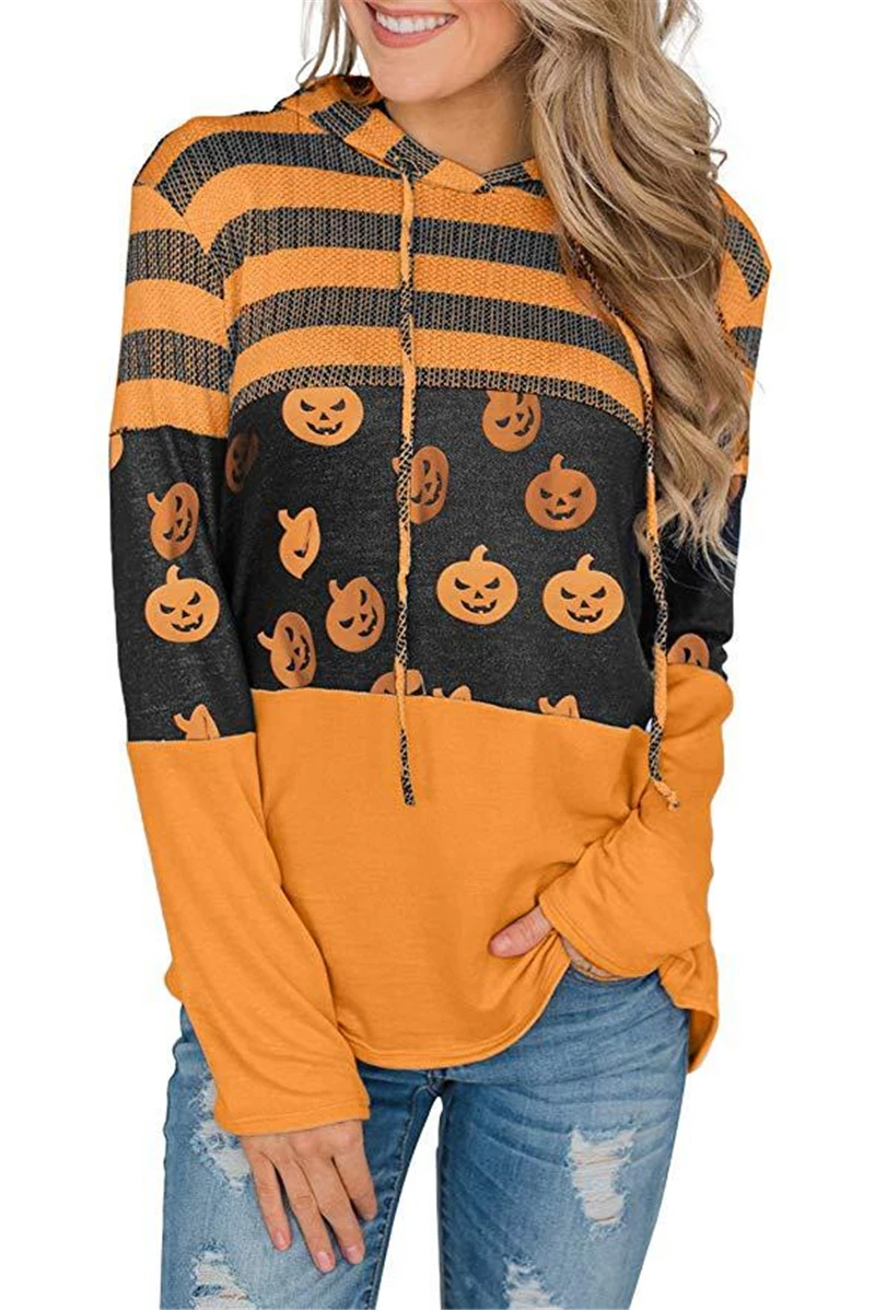 

OLOEY Stripes and Halloween Pumpkin Print Hoodie Drawstring Long Sleeve Loose Casual Hooded Sweatshirts Women Fashion Top Jumper