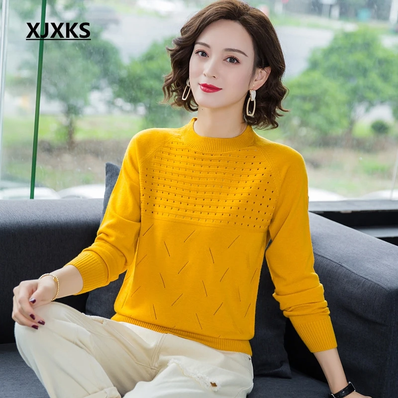 XJXKS Sueters De Mujer Moda элегантный шерстяной пуловер женский полый сплошной цвет длинный рукав женский вязаный свитер - Цвет: Цвет: желтый