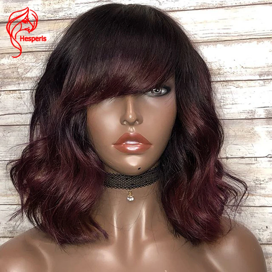 Hesperis 180 Density Ombre Human Hair Wigs With Bang Remy Hair Scalp Top Machine Brazilian 99J Short Wave Bob Cut Wigs Dark Red