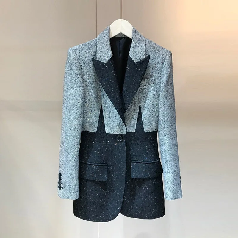 

Top Quality Silk Wool Blazers 2020 Autumn Paris Fashion Office Lady Style Contrast Grey Long Sleeve Elegant Tops