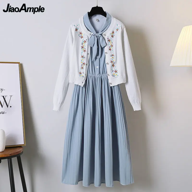 Women Spring Autumn Two Pieces Dress Set 2022 New Graceful Embroidery Knitted Coats+Blue Bow Dresses Suit Lady Elegant Cardigan