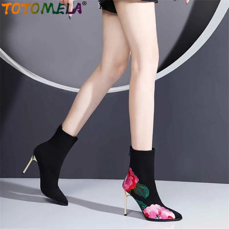

TOTOMELA 2020 New High quality embroidery flower high heels party prom boots women ladies sexy ladies shoes autumn ankle boots
