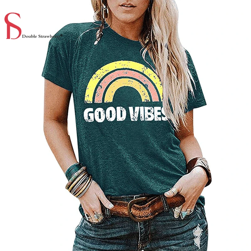 Женская футболка с коротким рукавом топ надписью Good Vibes короткими рукавами и