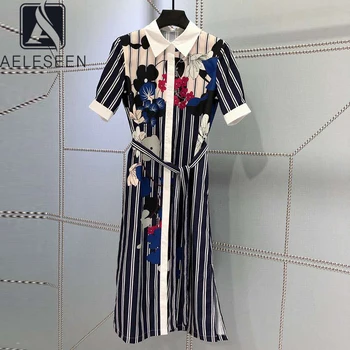 

AELESEEN Runway Fashion Stripped Shirt Dress 2020 High Quality Long Sleeve Flower Print Belt Elegant Party Holiday Dress