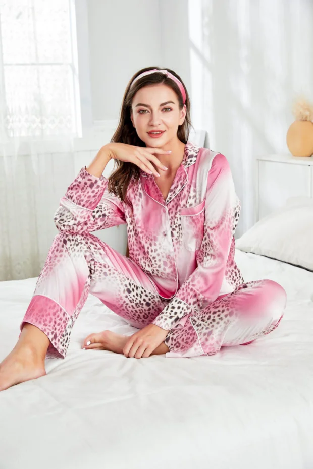Pink Leapord Print Pajamas 2021 Luxary Summer Sexy Silk Stain Pajama