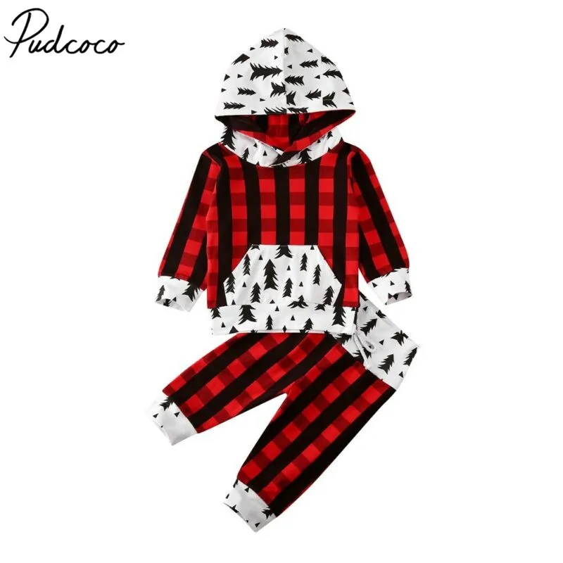 Pudcoco/Рождественские костюмы для девочек; одежда в клетку с рождественской елкой для новорожденных мальчиков и девочек; зимние толстовки с капюшоном и штаны; комплект из 2 предметов