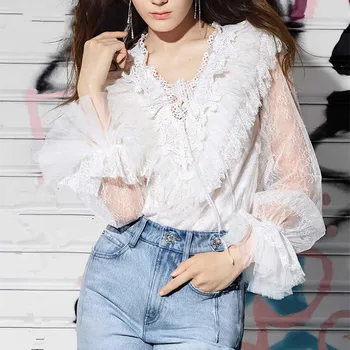 

Cute Women Lace Blouse 2020 Fashion See Through V neck Long Sleeve Cascading Ruffles White Shirt Sheer Blouse Ladies Tops B073