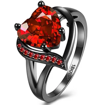 

Women Fashion Romantic Black Gold Crystal Promise Ring Red Heart Stone Rings Anniversary Gift Wedding Band Jewelry Size 6-10
