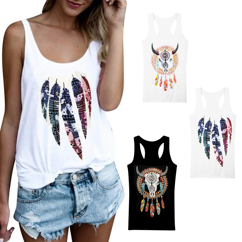 

Vogue Women Hipster Sleeveless Tank Sleeveless Tops Bull head feather Printed White Black Vest Korean Clothes Streetwear
