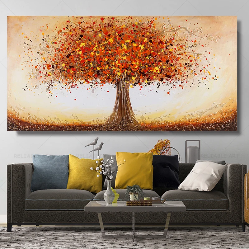Modern Canvas Painting Abstract Textured Brown Trees with Golden Yellow Leaves Wall Art Posters Prints for Home Decor Cuadros