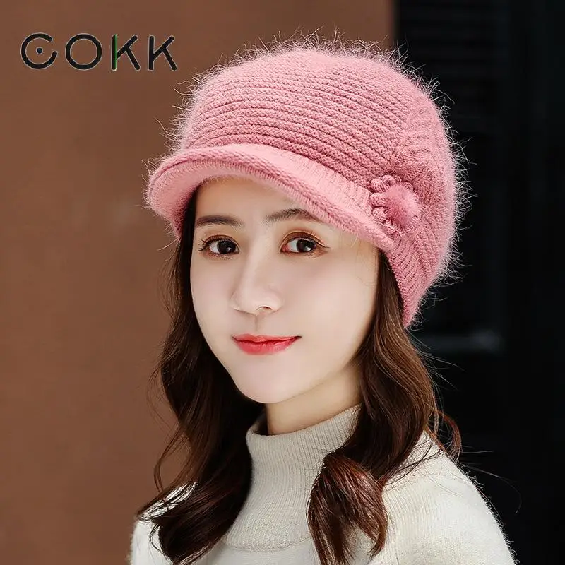 

COKK Fashion Rabbit Fur Beret Hats For Women Winter Warm Knitted Wool Cap Hat Female With Flower Velvet Thick Warm Beanie Casual