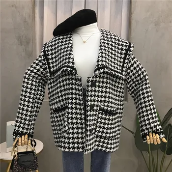 

2019 New Autumn Winter Women Woolen Overcoat Navy Collar Houndstooth Loose Long Sleeve Outwear Female Tweeds Coats