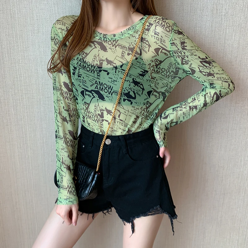 

Women Casual Transparent Mesh Top Modis Long Sleeve See Though Tee Shirt Femme Evening Party Club T Shirt Oversized Print TShirt