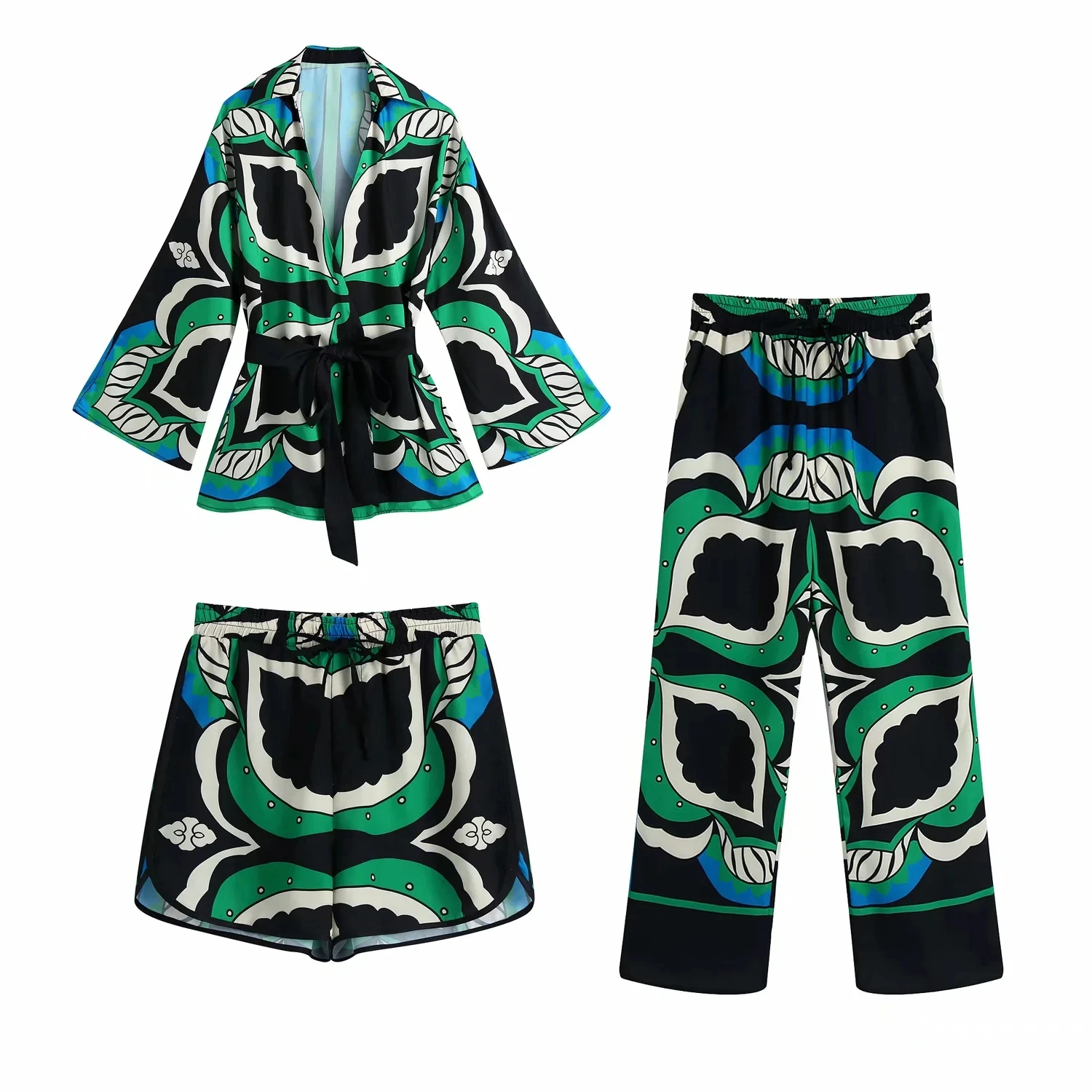 Nlzgmsj ZBZA Women 2 Piece Set Summer Long Pant Sets Print Kimono Blouse+High Waist Casual Shorts Set Woman Outfit Suit 202206 sweat suits women