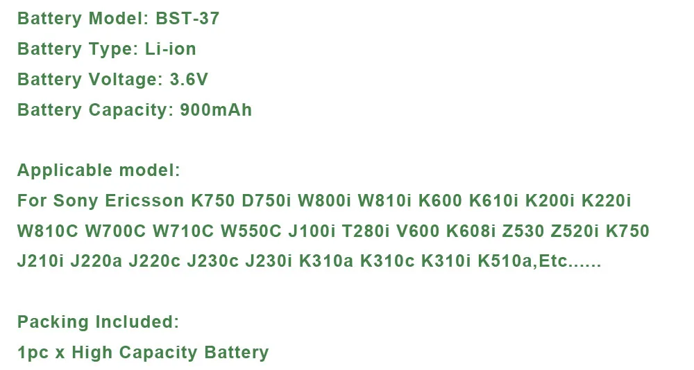 BST-37 для sony Ericsson K750 D750i W800i W810i K600 K610i K200i K220i W810C W700C W710C W550C J100i T280i V600 BST 37 батарея