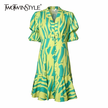 

TWOTWINSTYLE Print Hit Color Women's Dresses V Neck Half Sleeve High Waist Ruched Mini Dress For Female Fashion 2020 Clothes New