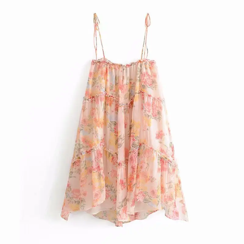 

Summer Wear New Style Retro off-Shoulder Floral-Print Strapped Dress Waist Hugging Slimming Contrast Color Printed Medium-length