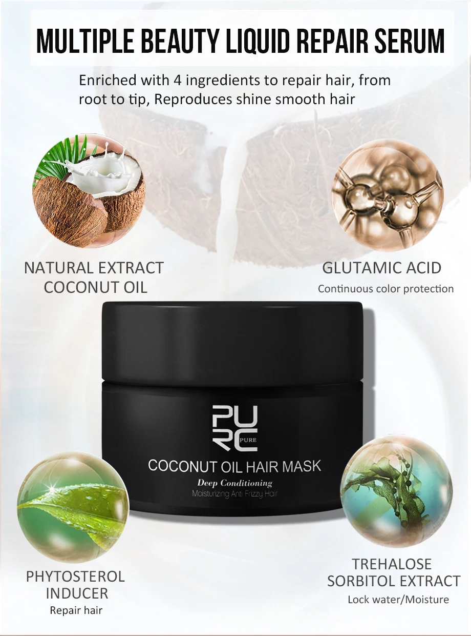 H6ed6e86174c54b4cb313ea0ff228baedu PURC 50ml Coconut Oil Hair Mask Repairs damage restore soft good or all hair types keratin Hair & Scalp Treatment for hair care