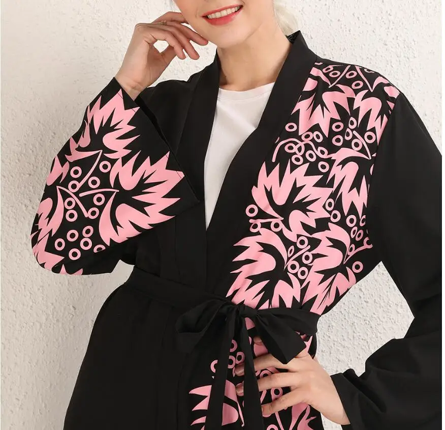 Длинный рукав исламское кимоно abaya Дубай Арабский Модный черный длинный кардиган женское мусульманское открытое кафтан абайя цветочный принт