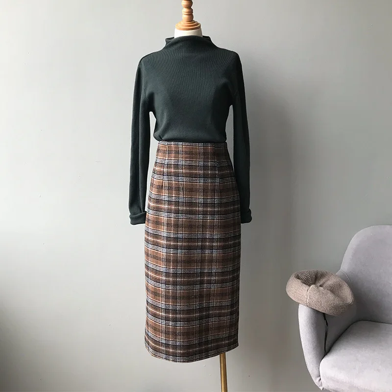Клетчатая юбка, новая осенняя и зимняя юбка с разрезом, тонкая шерстяная юбка в клетку и юбка до середины икры, женская одежда