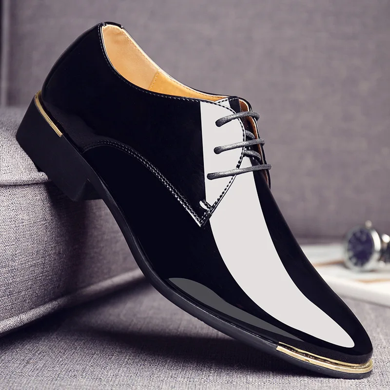 New Men's  Pointed Toe Business Casual Shoes Fashion Bright Patent Leather Formal Black Shoes for Men Size38-48